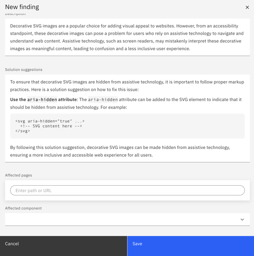Screenshot of a newly created finding from snippets