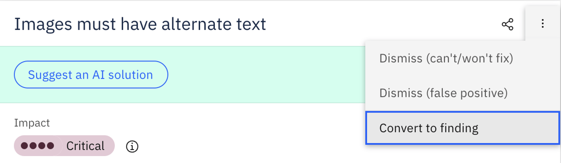 Screenshot of an automatically discovered error being converted into a Finding