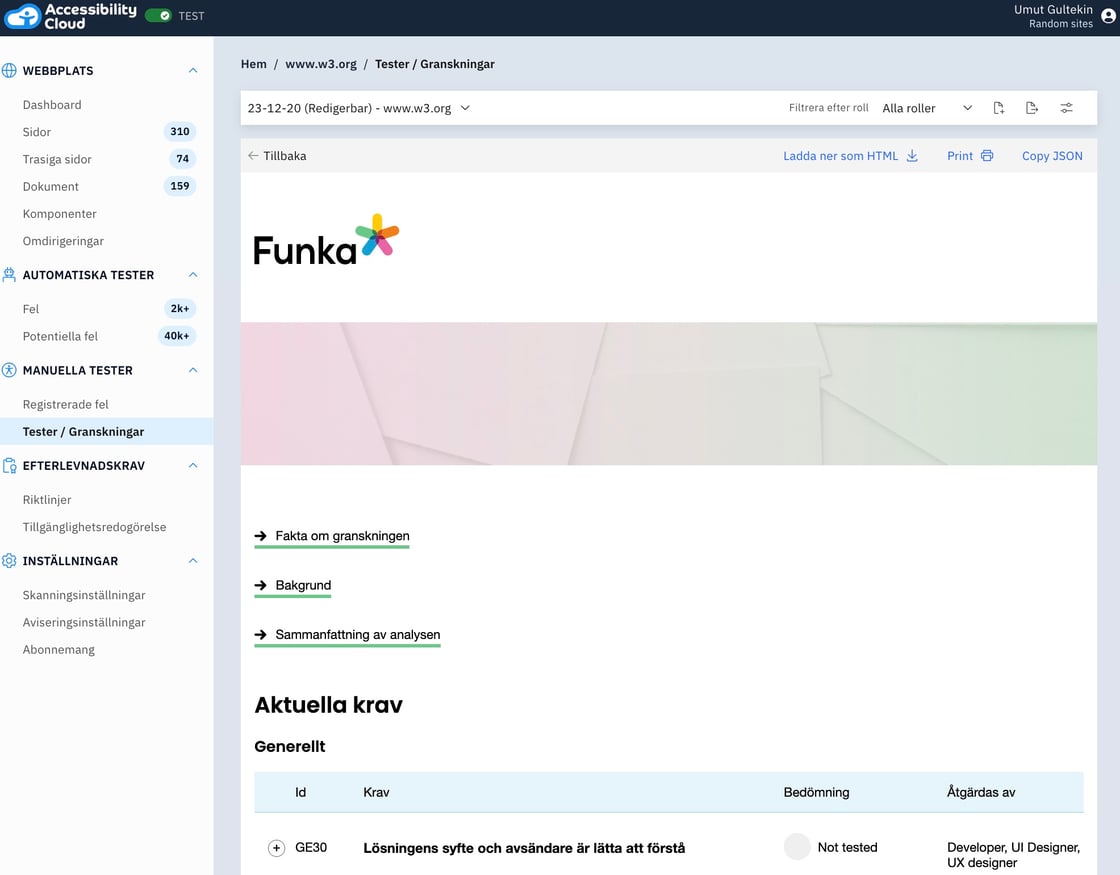 Screenshot of a custom report template in Accessibility Cloud from Funka