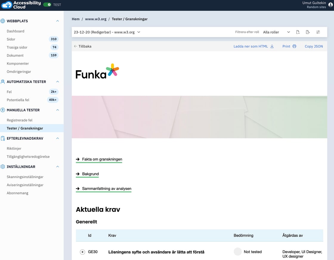 Screenshot of a custom report template in Accessibility Cloud from Funka