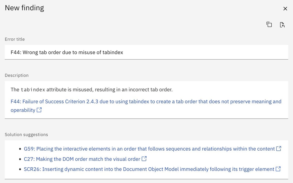 Screenshot showing linked WCAG Techniques to finding snippets