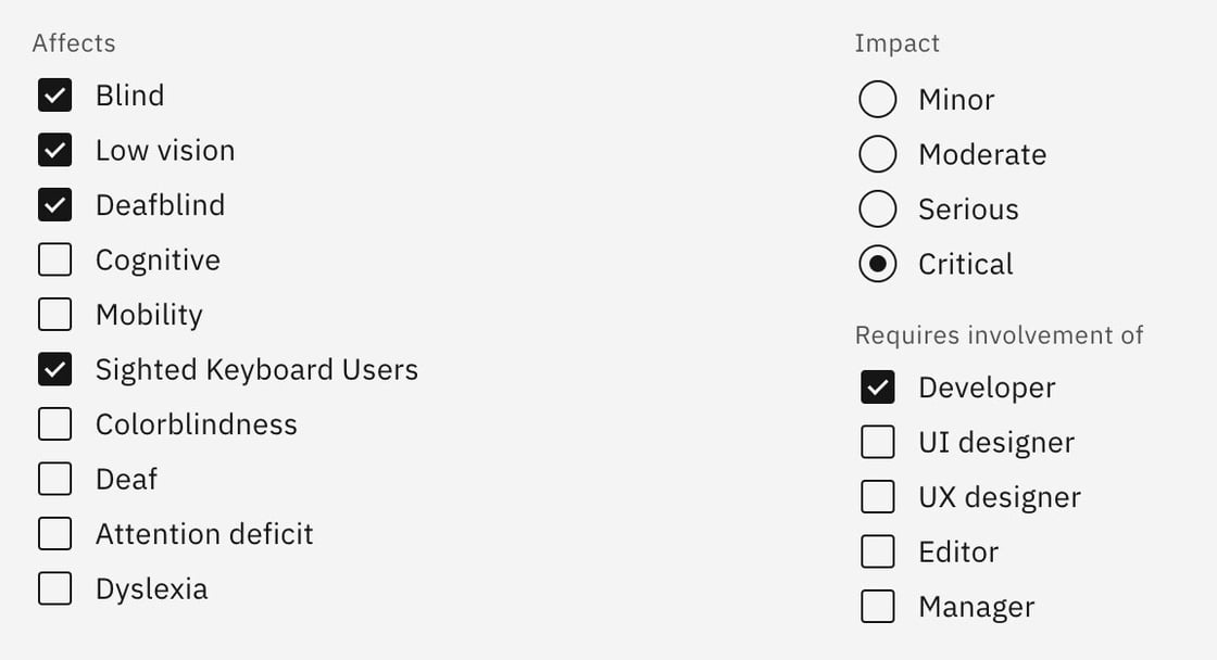 Screenshot of the new fields, namely affects, impact, and requires involvement of